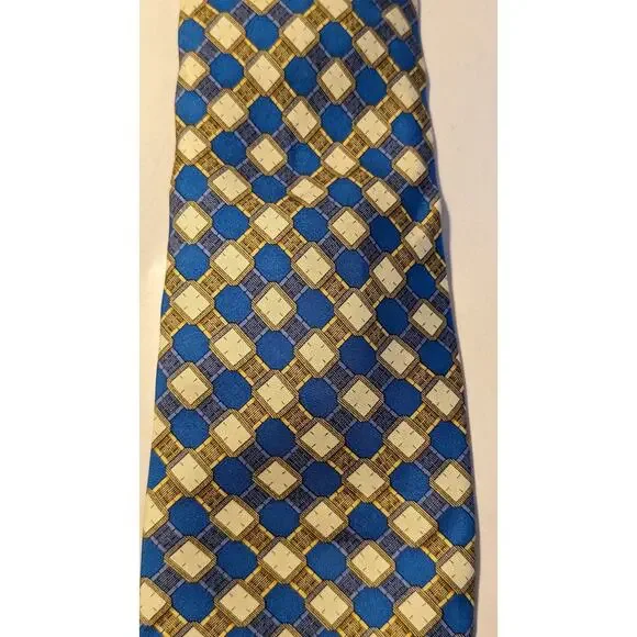 Piaget Silk Vintage 100% Silk Blue Gold Geometric Design Neck Tie - Picture 10 of 16